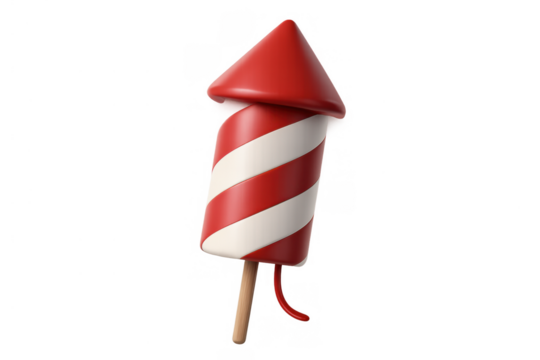 Red and white striped firework rocket 3d rendering for party celebration and holiday events with transparent background