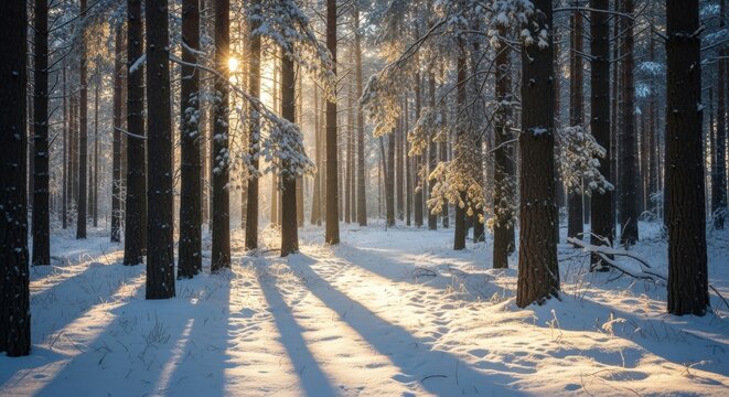 Sunlight streaming through tall trees in serene snow-covered woods landscape