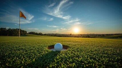 A golf ball near the hole on a green field during sunset.