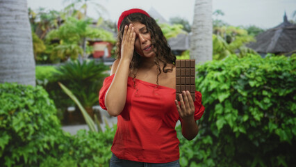 Hispanic woman holding a chocolate bar and pressing hand to forehead in a lush building garden...