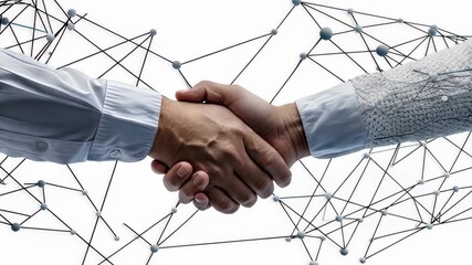 Two individuals engage in a handshake, symbolizing partnership and collaboration enhanced by digital connectivity and innovation