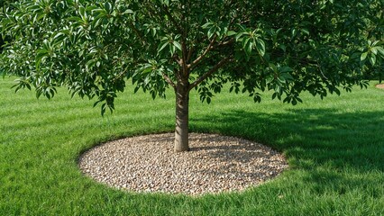 Fototapeta premium Tree planted in a circular bed of small pebbles, surrounded by lush green grass.