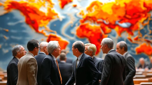 Diplomatic tensions at UN assembly, ambassadors arguing over international conflicts, world map in background, global politics drama, formal attire and intense debates, photorealis