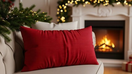 Red Christmas Pillow Mockup on Festive Sofa