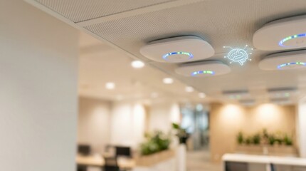Wireless access points on ceiling with digital brain icon. Ai powered wifi network in office for modern data center technology.