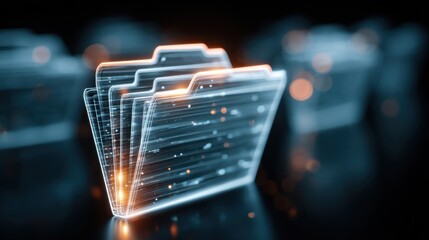 Futuristic holographic interface displaying file folder structure for digital document storage, cloud computing database and management of documents