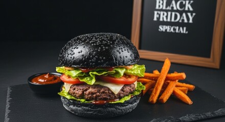 Black burger with black sesame bun and melted cheese served alongside sweet potato fries on a slate board for a black friday special.