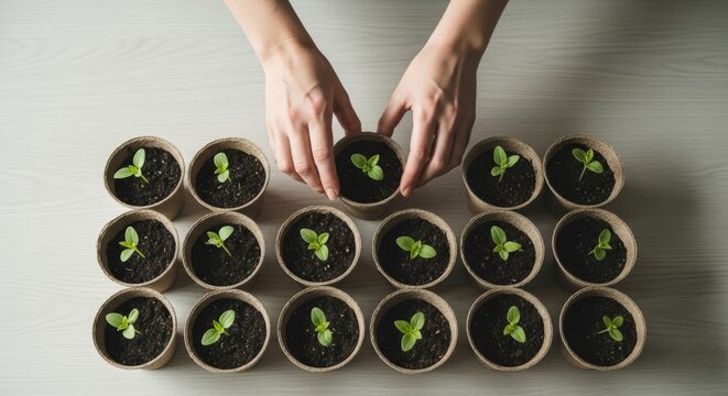Female hands tend small green seedlings planted in biodegradable pots arranged neatly on a wooden table for springtime gardening.