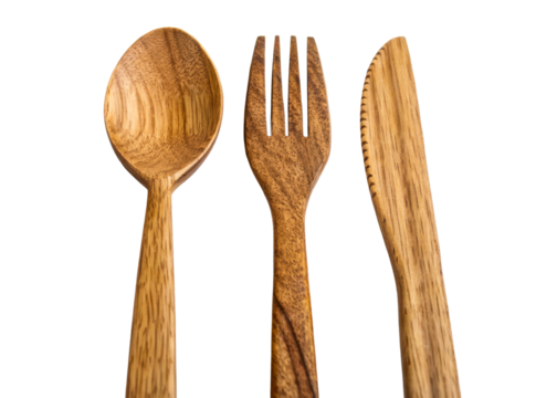 Natural wooden spoon fork and knife set for sustainable dining and ecofriendly food presentation, perfect for kitchenware collections and culinary promotions.