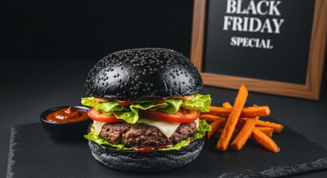 Black burger with black sesame bun and melted cheese served alongside sweet potato fries on a slate board for a black friday special. - Powered by Adobe