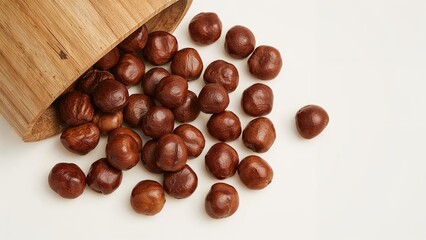 Obraz premium Hazelnuts spilled from a wooden container on a white surface. Nut snacks and food ingredients. The concept of healthy eating and nutrition.