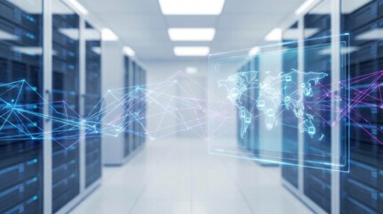 Ai network management in a data center with world map hologram and interconnected lines. Smart technology for global data processing and internet connectivity.