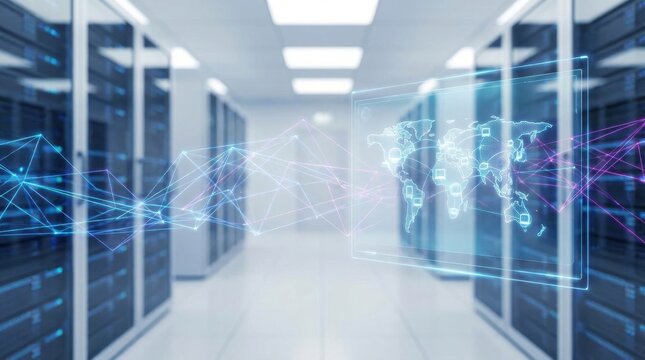 Ai network management in a data center with world map hologram and interconnected lines. Smart technology for global data processing and internet connectivity.