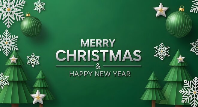 Merry christmas and happy new year greeting card featuring a vibrant green background, festive ornaments, white snowflakes, and stylized pine trees