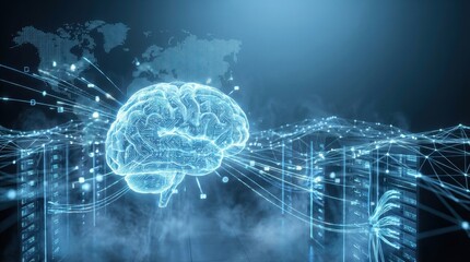 Artificial intelligence brain with global network connection over data center servers, representing advanced computing for innovation and technology.