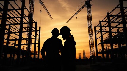 Construction teamwork at sunset. Engineers discuss project details on construction site. Silhouettes emphasize collaboration and planning. Dynamic industrial atmosphere. - Powered by Adobe