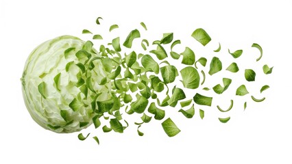A cabbage breaking apart into green fragments.