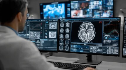 Doctor monitors brain scans during patient mri or ct scan procedure in high-tech medical laboratory with advanced equipment, looking at monitors with brain scan results