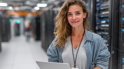 Data center administrator optimizes server configurations on laptop in a high-tech server room, specialist looks at camera and smiles in a realistic high quality portrait