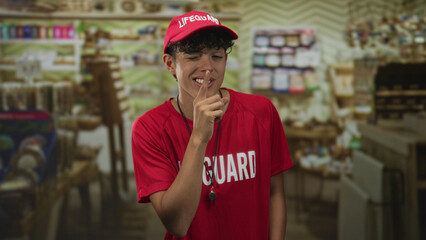 Lifeguard teen man in red lifeguard shirt and cap with whistle, finger to lips shushing inside a...