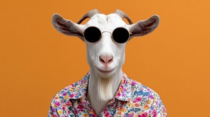 Goat wearing sunglasses and a colorful floral shirt, posing against a vibrant orange background, showcasing a playful and whimsical character in a fun and creative setting