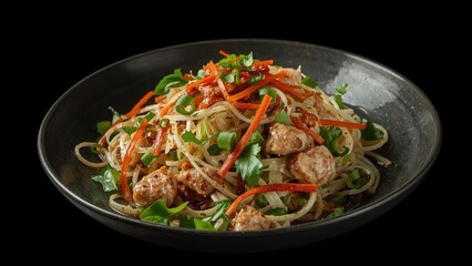 A plate of stir-fried noodles with vegetables and meatballs, garnished with green onions, served on a dark dish.