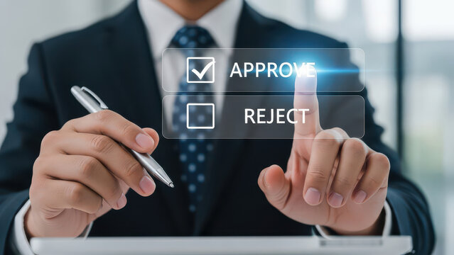 Businessman hand touching approve button on digital screen reject