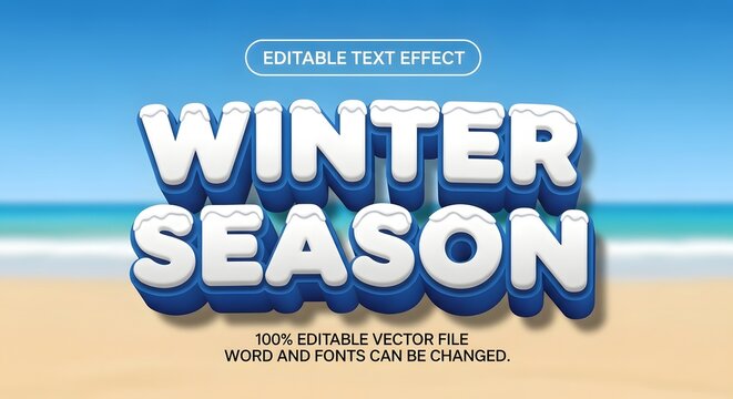 Editable text effect for winter season, featuring a snowy and icy texture in cool blue and white, perfect for seasonal promotions, holiday designs, and cold weather themes