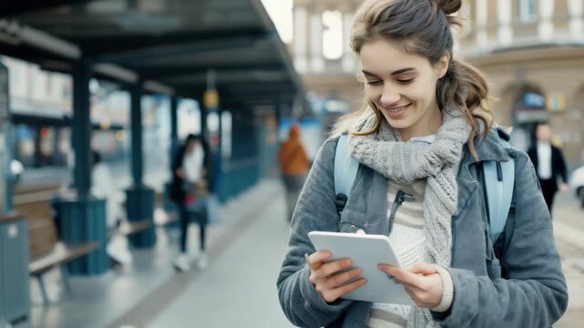 A young traveler in a cozy sweater interacts with her tablet, surrounded by a bustling environment filled with other commuters