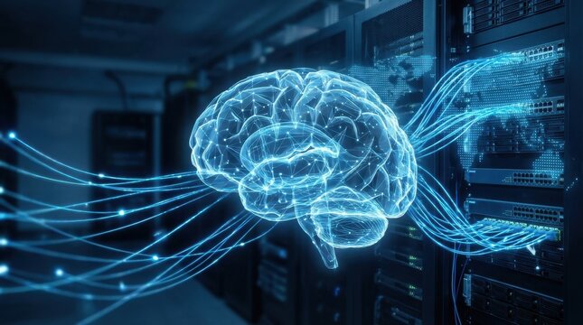 Artificial intelligence brain in a server rack. Digital network concept with global connections in a data center for future technology and computing. - Powered by Adobe