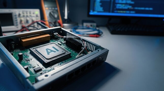 Closeup of ai chip on circuit board inside device on table in data center. Artificial intelligence processor for modern computer technology concept.