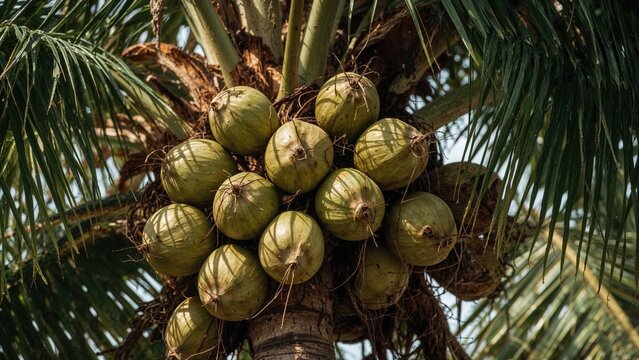 Clusters of coconuts on a palm tree with green leaves and sunlight. - Powered by Adobe