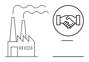 Industry partnership. Factory and handshake symbol industry partnership and collaboration. Industry partnership for sustainability, joint ventures, manufacturing, global trade, teamwork