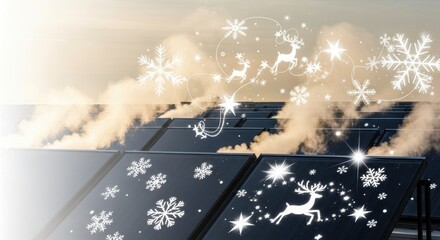 Solar panels in winter decorated with snowflakes and reindeers celebrate season. Winter solar panels gather energy under snow and cold weather, adorned with festive holiday illustrations.