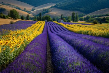 Rows of Lavender and Sunflowers Create a Vibrant Landscape in Rolling Hills Under Soft Light Generative AI