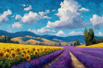 Rows of Lavender and Sunflowers Against Vintage Hills and Skies Generative AI