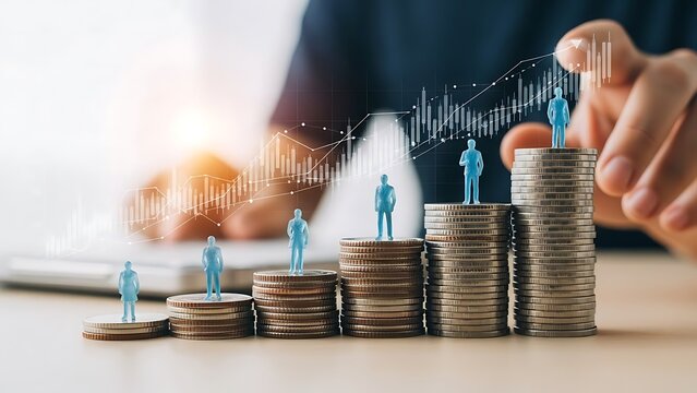 Tiny human figures stand atop stacks of coins representing financial growth and investment success in a modern office setting