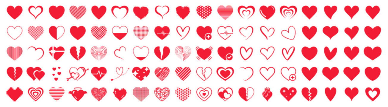Collection of red love heart icons. Big set of red hearts. Heart shape icon in drawing, doodle, outline, sketch, scribble and hand drawn. Symbol of love. Design elements for valentines day.