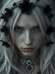 La Dama del Luto Violeta: Close-up hiperrealista de una belleza gótica medieval, donde las flores oscuras y el terciopelo negro se funden con la sombra.