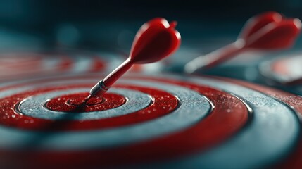 Dart hitting bullseye on wet target board, representing success and achieving goal, with grey and red concentric circles indicating accuracy