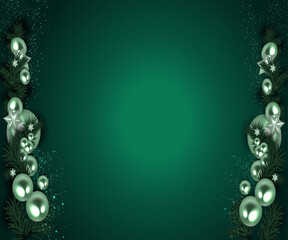 Festive Christmas ornaments, background and gifts arranged in a corner on a dark green background design