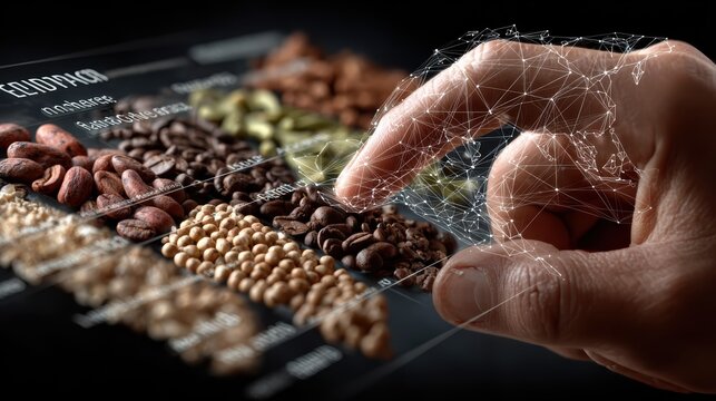 Eudr traceability and geolocation on regulated commodities showing land origin verification and data tracking, coffee, cocoa, soya, wood, rubber and cattle on a digital interface