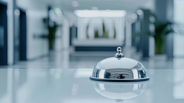 A hand in a glove rings a service bell, highlighting the focus on cleanliness and customer service in a modern setting