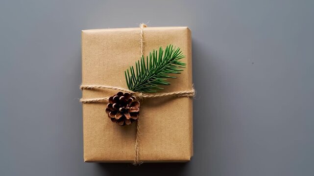 A wrapped gift of brown paper, tied with twine, adorned with a pine sprig and cone, sits on gray
