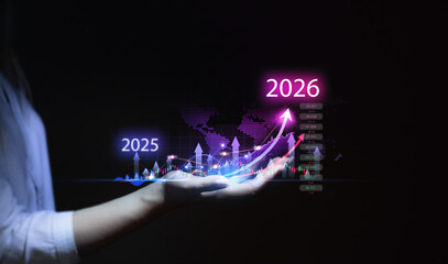 Growth and development chart of company in new year 2026.Development to success and motivation in 2026. Planning,opportunity, challenge and business strategy in new year 2026.	
