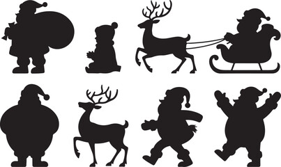 Santa Claus, deer, Santa in sleigh silhouette collection for Christmas decoration. Santa Claus in sleigh full of gifts with reindeer. Merry Christmas silhouette set