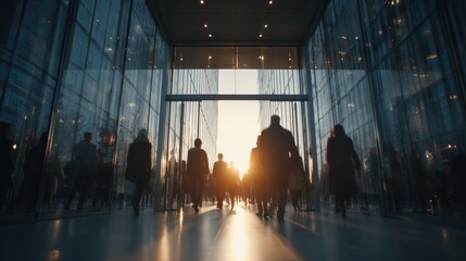 People are arriving to work at a modern office building, at sunrise or sunset, for a new day