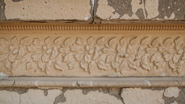 Intricate carved floral pattern on old stone surface with decorative molding.