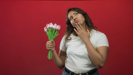 Woman holding a bouquet of pink tulips with chin on hand in red studio wearing white t shirt and jeans; pensive doubt.