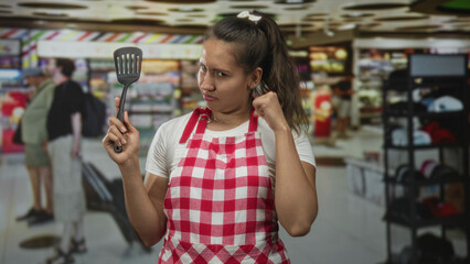 Woman cook holding spatula points finger in busy airport terminal wearing red check apron and white tee, stern expression and raised hand; annoyance warning.